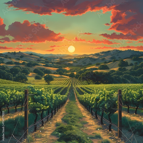 Picturesque Sunset Over Vineyard Hills - Tranquil Agriculture Landscape