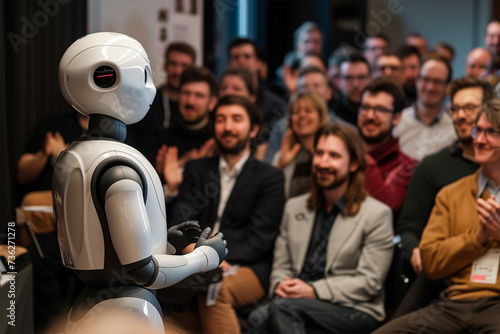 A team of scientists celebrates their latest AI creation, a humanoid figure standing proudly next to them. The audience explodes in a thunderous ovation