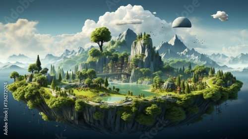 Floating land with mountains, trees, animals, and clouds on green grass. Beautiful landscape with mountain, trees, and animals. 3D illustration of flying land with a beautiful landscape.