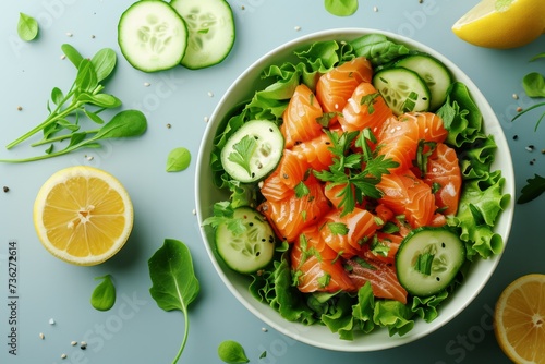 salad with salmon and fresh vegetables in a white bowl, top view with copy space