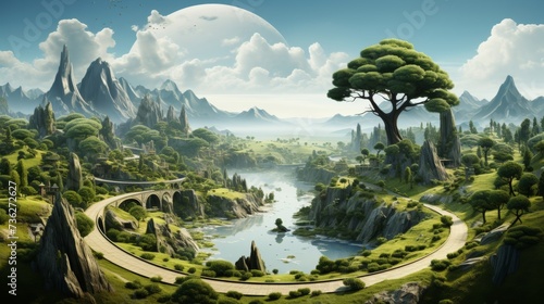 Illustration of curved road with floating forest land with mountains, trees, animals isolated. Jungle skyline with peace of land isolated. (compound path added).