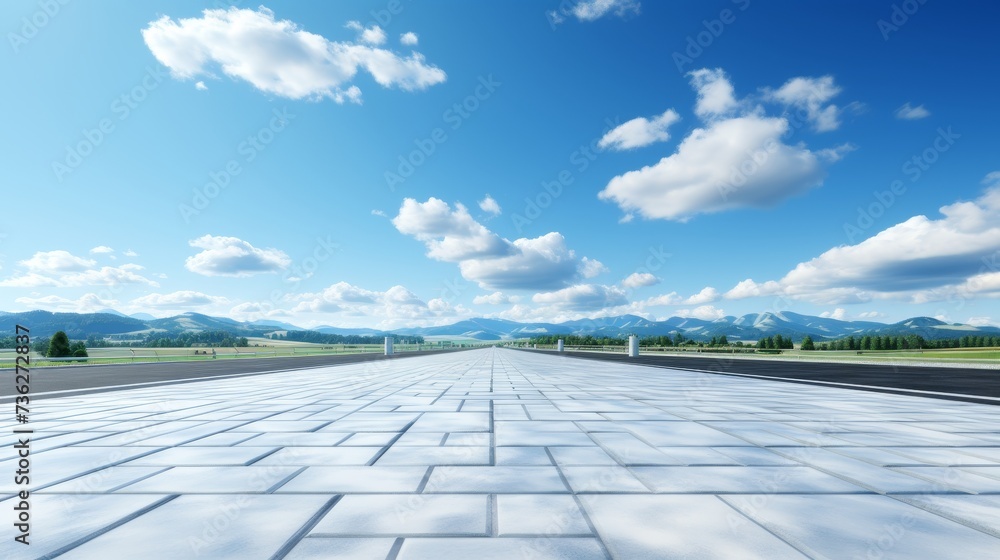 Isolated 3D rendered road with clouds and lines on abstract background. Realistic 3D road, car background isolated. Illustration of highway road.