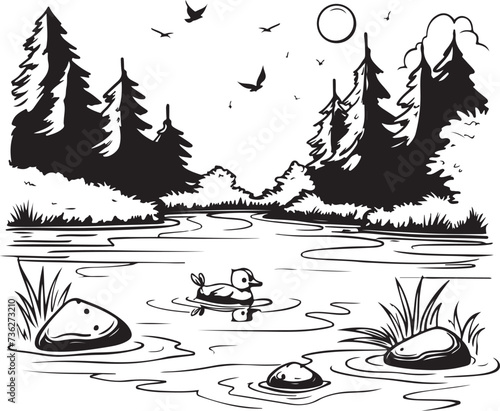 Spring or summer joy themed coloring page with ducklings at the pond