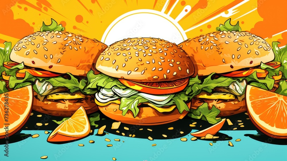 Tangerine Background with hamburgers.