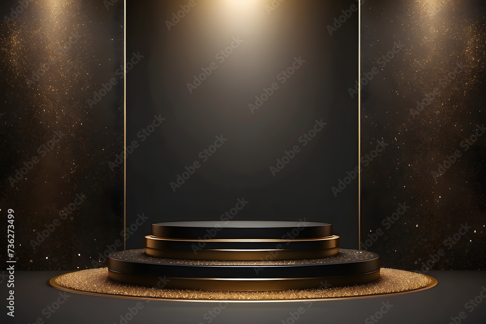 Black podium product stage design with spotlight and golden glitter background design.