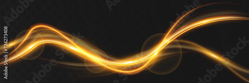Light wave of shiny gold lines.Gold color glowing design element.Wavy bright stripes.

