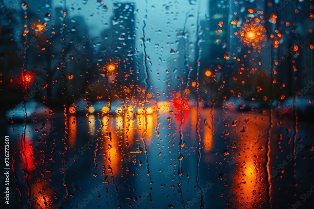 The gentle drizzle of raindrops on the window at night, casting reflections of light on the outdoor scenery - obrazy, fototapety, plakaty 