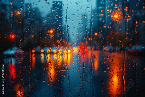 The gentle drizzle of raindrops on the window at night  casting reflections of light on the outdoor scenery