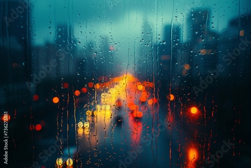 The vibrant city comes to life under the colorful rain, as the streets glisten with the light of the night