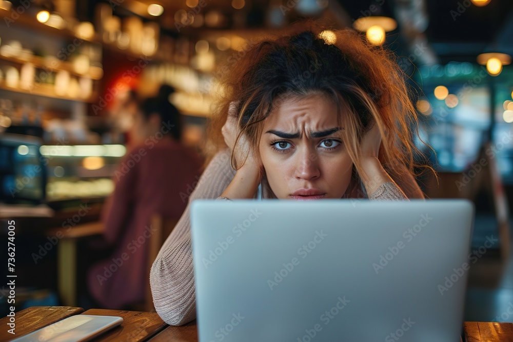 Fototapeta premium A Focused Individual Engrossed in Work on a Laptop at a Cozy, Well-Lit Café, Illuminated by the Warm Glow of Hanging Lights