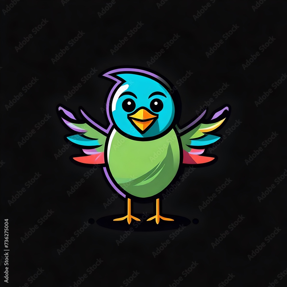 A sleek and simple flat vector logo of a happy bird, brightly colored, set against a solid black background.  Upscaling by