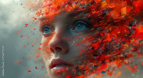A stunning portrait of a woman's face, adorned with piercing blue eyes and swirling red particles, evoking a sense of mystery and beauty in this captivating work of art