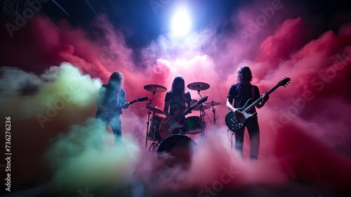 Rock band concert in cloud colorful dust. Music event, Rock band performs on stage colorful dust background. Guitarist, bass guitar and drums on stage.