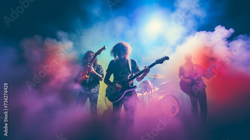 Rock band concert in cloud colorful dust. Music event, Rock band performs on stage colorful dust background. Guitarist, bass guitar and drums on stage. photo