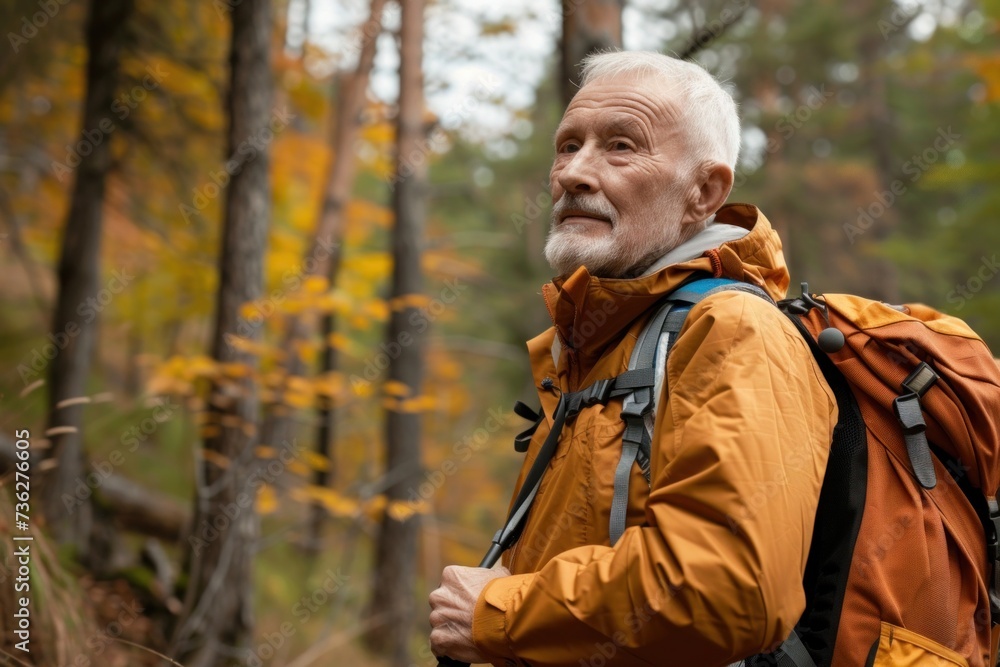 Elderly hiking enthusiast enjoys the solitude of the wilderness, a perfect example of an active lifestyle and eco-tourism for the mature traveller.. Elderly hiking enthusiast enjoys the solitude of the wilderness, a perfect example of an active lifestyle and eco-tourism for the mature traveller..