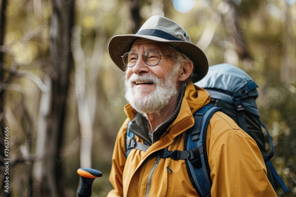 This image shows an outdoorsman in a forest, demonstrating the fulfilling pursuit of hiking and eco-friendly travel for the mature adult..