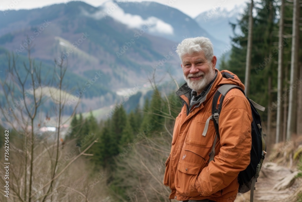 With a backdrop of a scenic mountain range, an experienced elderly hiker finds tranquility and inspiration, reflecting the happiness found in an active retirement..