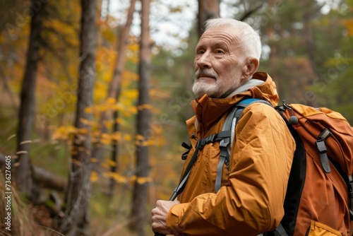 Elderly hiking enthusiast enjoys the solitude of the wilderness, a perfect example of an active lifestyle and eco-tourism for the mature traveller..