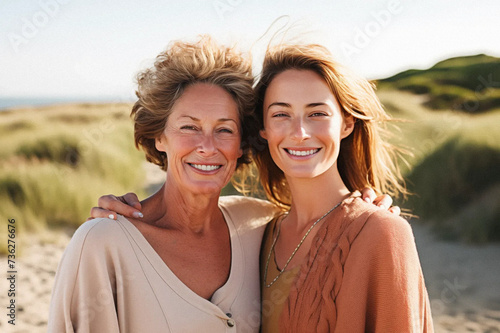 Beautiful 50s mother and teen daughter with big smile walking outdoor among long grasses