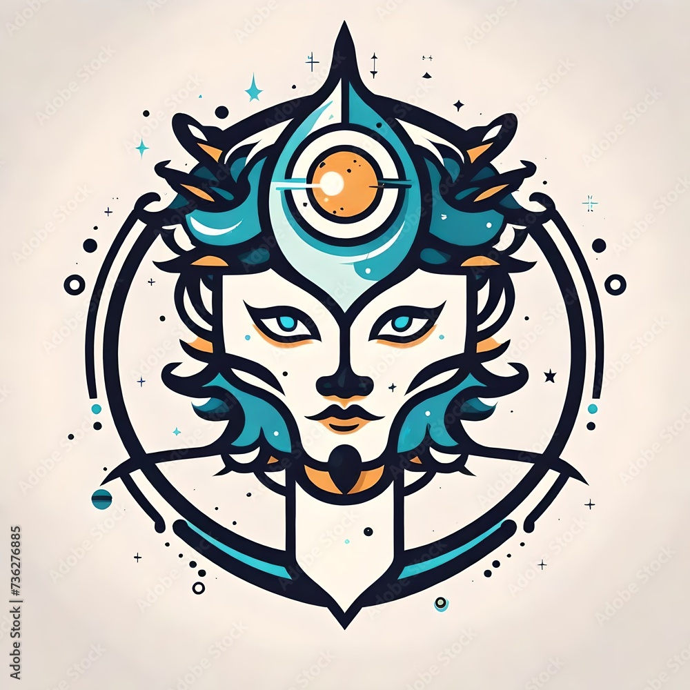 An intriguing flat vector logo of a cosmicthemed tattoo, with a single face and a minimalist touch. Isolated on a light white solid background.  Upscaling by