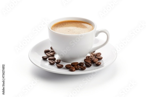 A clean and simple coffee cup, with a white cup of espresso and coffee beans, fitting for use in kitchen decor or as a café promotional image..