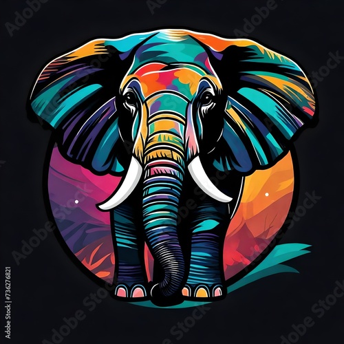 A vibrant  sleek flat vector logo of a majestic elephant in a minimalistic style  adorned with a colorful palette  isolated on a solid black background.  Upscaling by