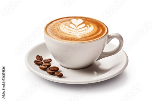 A hot drink of espresso, captured in a white cup against a white background, with coffee beans for added aroma appeal, perfect for coffee enthusiasts or morning refreshment advertising.....