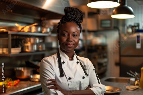 A restaurant s kitchen where an African American woman stands tall her arms crossed exuding charm