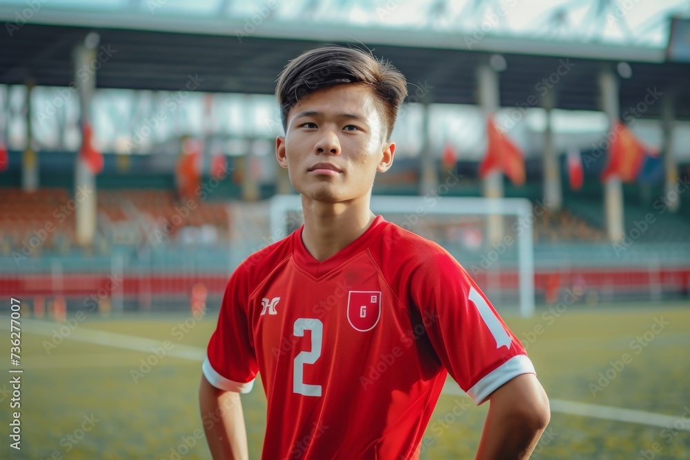 Asian footballer on green field