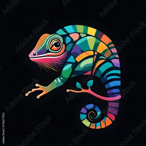 A whimsical, flat vector logo of a playful chameleon, showcasing a spectrum of colors, perched on a sleek, black canvas. © Ali