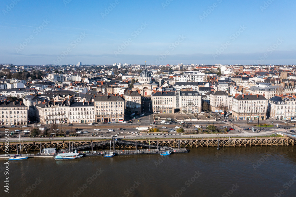 A photo from a drone of the French city of Nantes on the Loire River. A photo from a drone of the French city of Nantes on the Loire River.