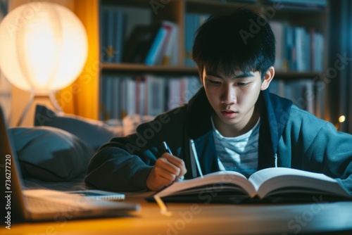 An Asian teenager is studying late at night in his bedroom using a notebook a book and a laptop on his desk
