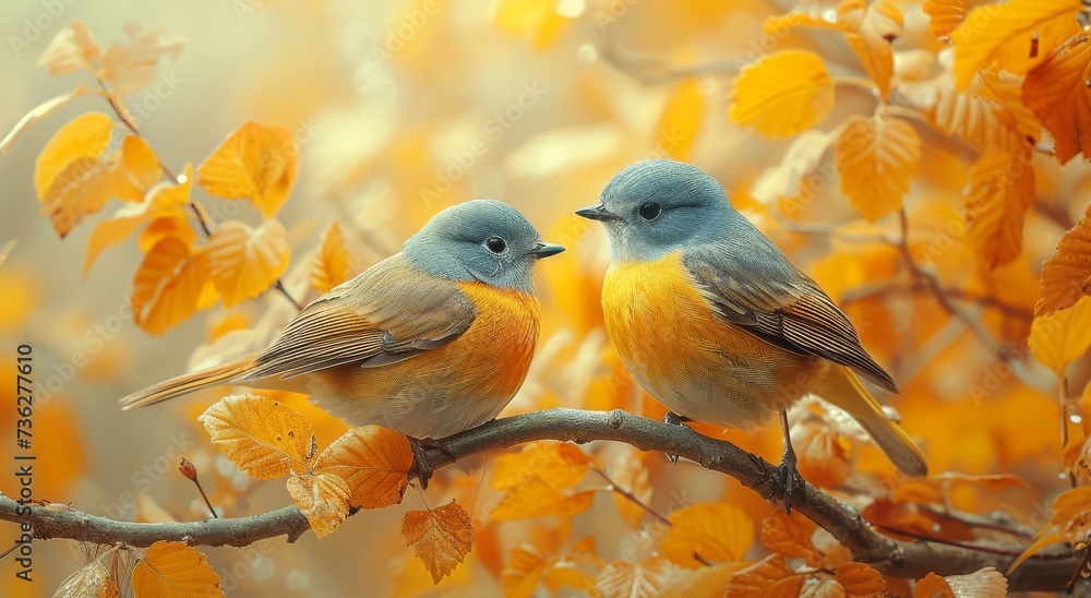 Two oscine birds sit perched on a branch, their yellow feathers shining in the sunlight, showcasing the beauty of wildlife in the great outdoors