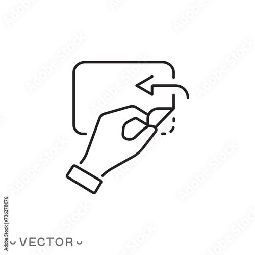 hand with sticker open icon, peel off duct tape, pull by hand to opened up, thin line symbol isolated on white background, editable stroke eps 10 vector illustration