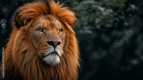 Portrait of a beautiful lion and copy space. Lion in dark. generative ai
