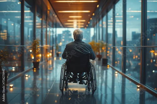A wheelchair-bound man gazes longingly out the airport window, his stylish clothing and sturdy chair a stark contrast to the bustling city beyond