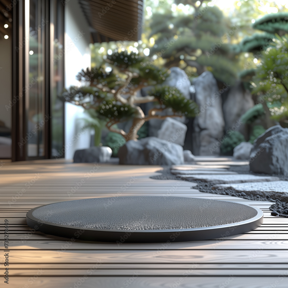 Obraz premium empty stone podium against the backdrop of an oriental garden