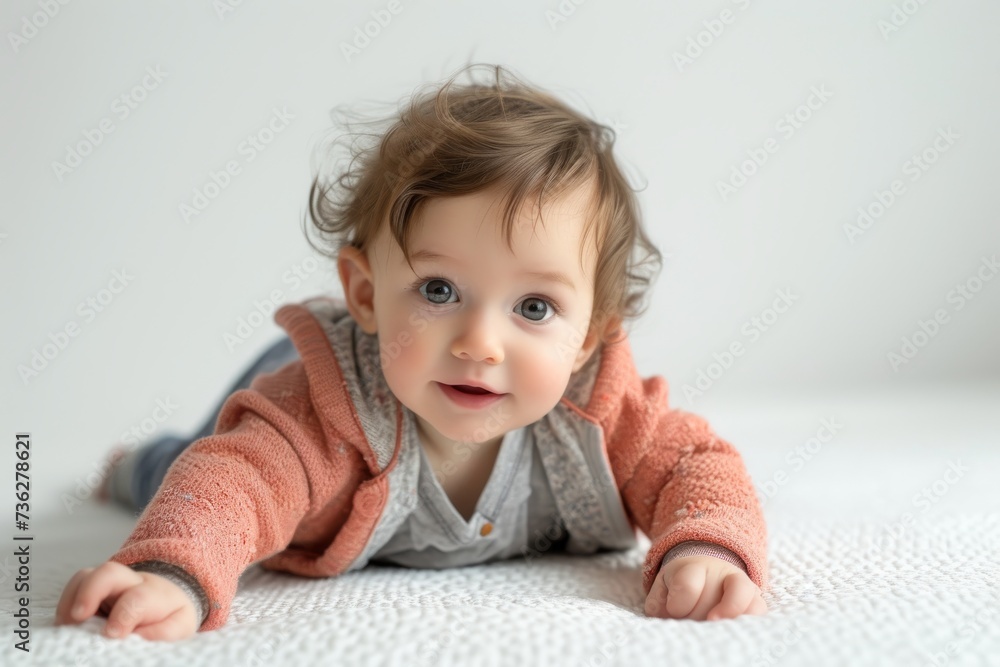 Baby crawling in high angle portrait on white background Baby crawling in high angle portrait on white background