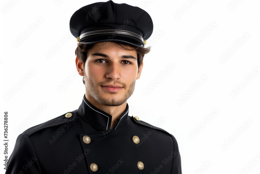Attractive hotel attendant on blank backdrop Attractive hotel attendant on blank backdrop