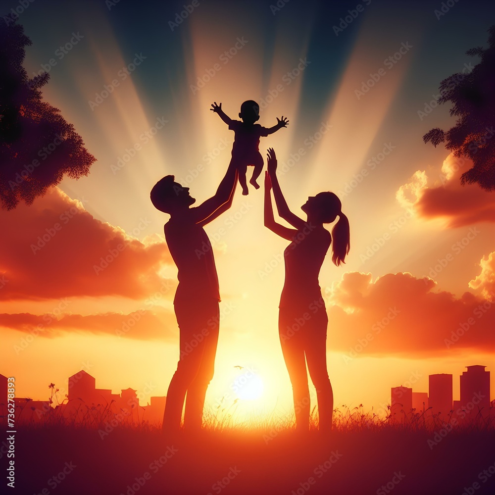 Silhouette of happy family holding baby up in the air.