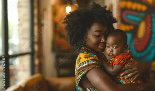African American mother cuddling her adorable baby indoors