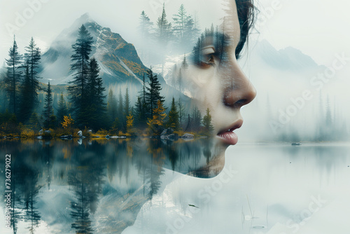 Double exposure combines a woman's face, mountains, forest and a body of water. Panoramic view. The concept of the unity of nature and man. Dream, reminisce or plan a climb. A memory of a journey. photo