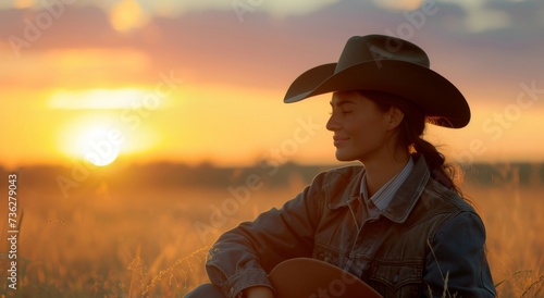 A cowgirl sits at sunset holding her hat