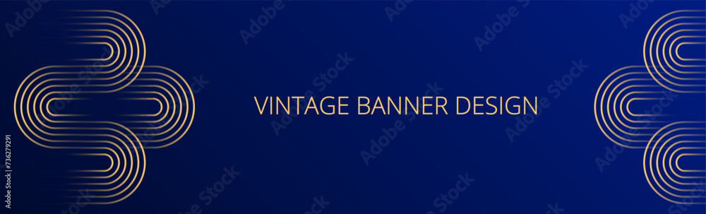 Obraz premium Royal blue gradient banner. Abstract background with gold wavy lines design. Vintage geometric pattern. Web banner template. Blended lines 