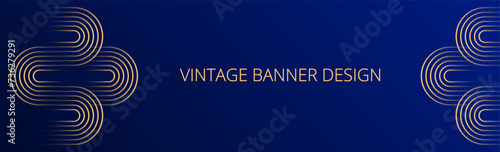 Royal blue gradient banner. Abstract background with gold wavy lines design. Vintage geometric pattern. Web banner template. Blended lines 