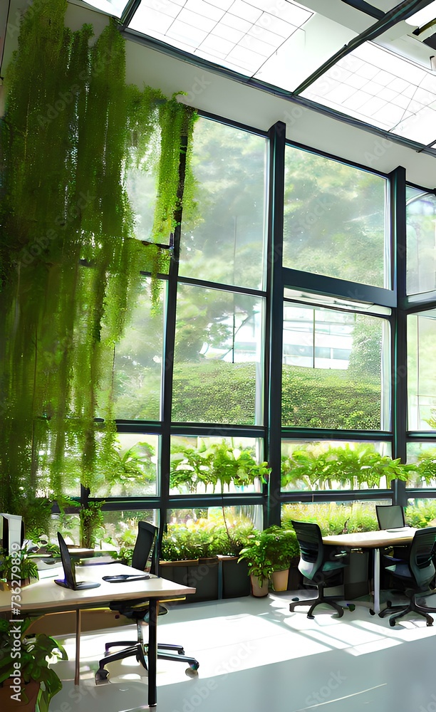 Panoramic view of open space office with lots of green plants big windows and sunlight.