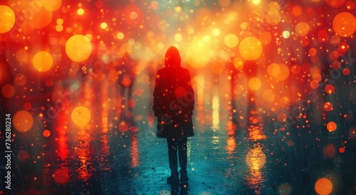 Amber street lights cast a melancholic glow on the lone figure braving the pouring rain, lost in the desolate night