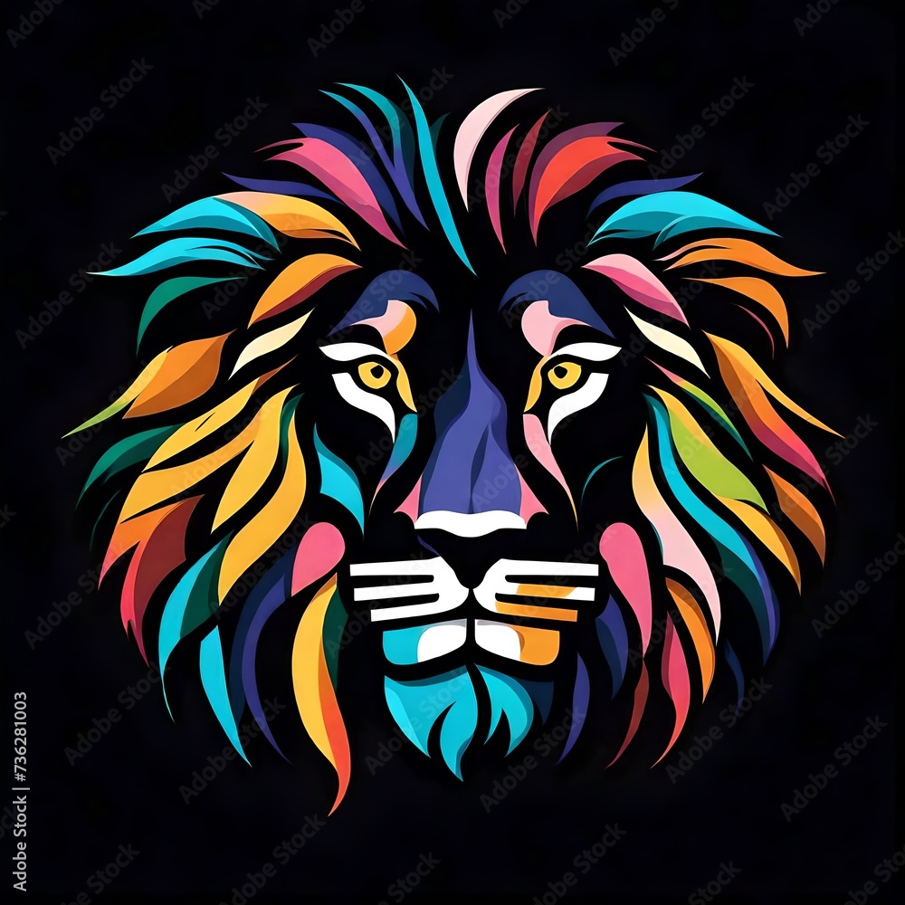 A sleek and minimalistic flat vector logo showcasing the face of a colorful lion, isolated on a solid black background. The image is captured in high definition for maximum impact.  Upscaling by