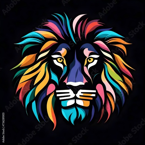 A sleek and minimalistic flat vector logo showcasing the face of a colorful lion  isolated on a solid black background. The image is captured in high definition for maximum impact.  Upscaling by
