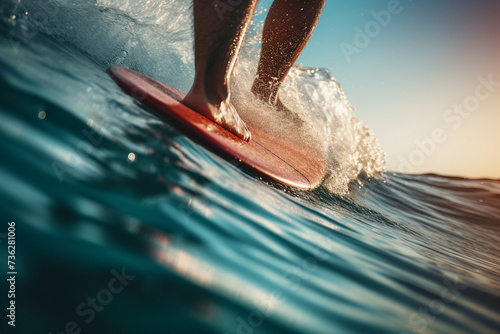 Generative ai photography of happy sporty person professional surfer swimming on surfboard on sea waves photo
